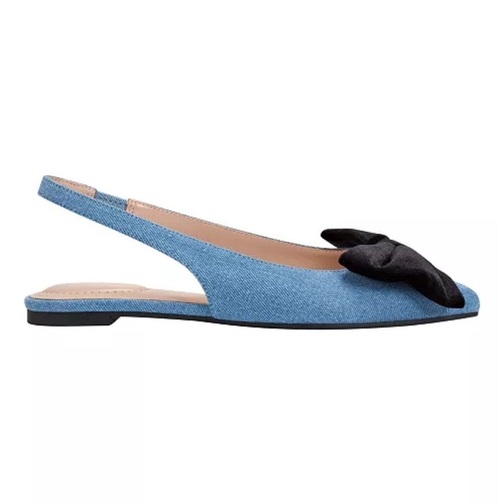 Bandolino Simona Denim Pointy Slingback Flats with Black Velvet Bow - Picture 2 of 8